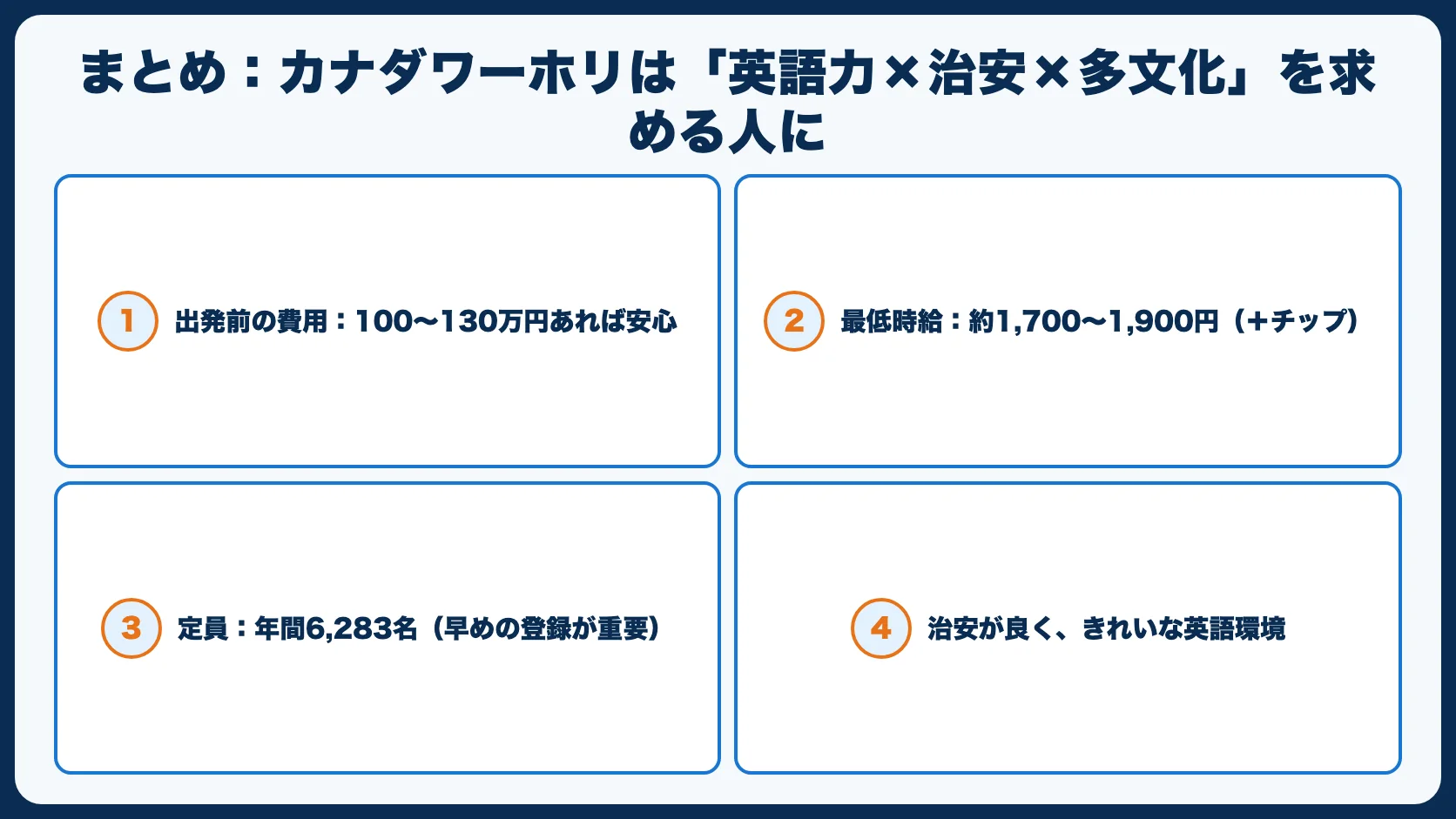 まとめ：カナダワーホリは「英語力×治安×多文化」を求める人に